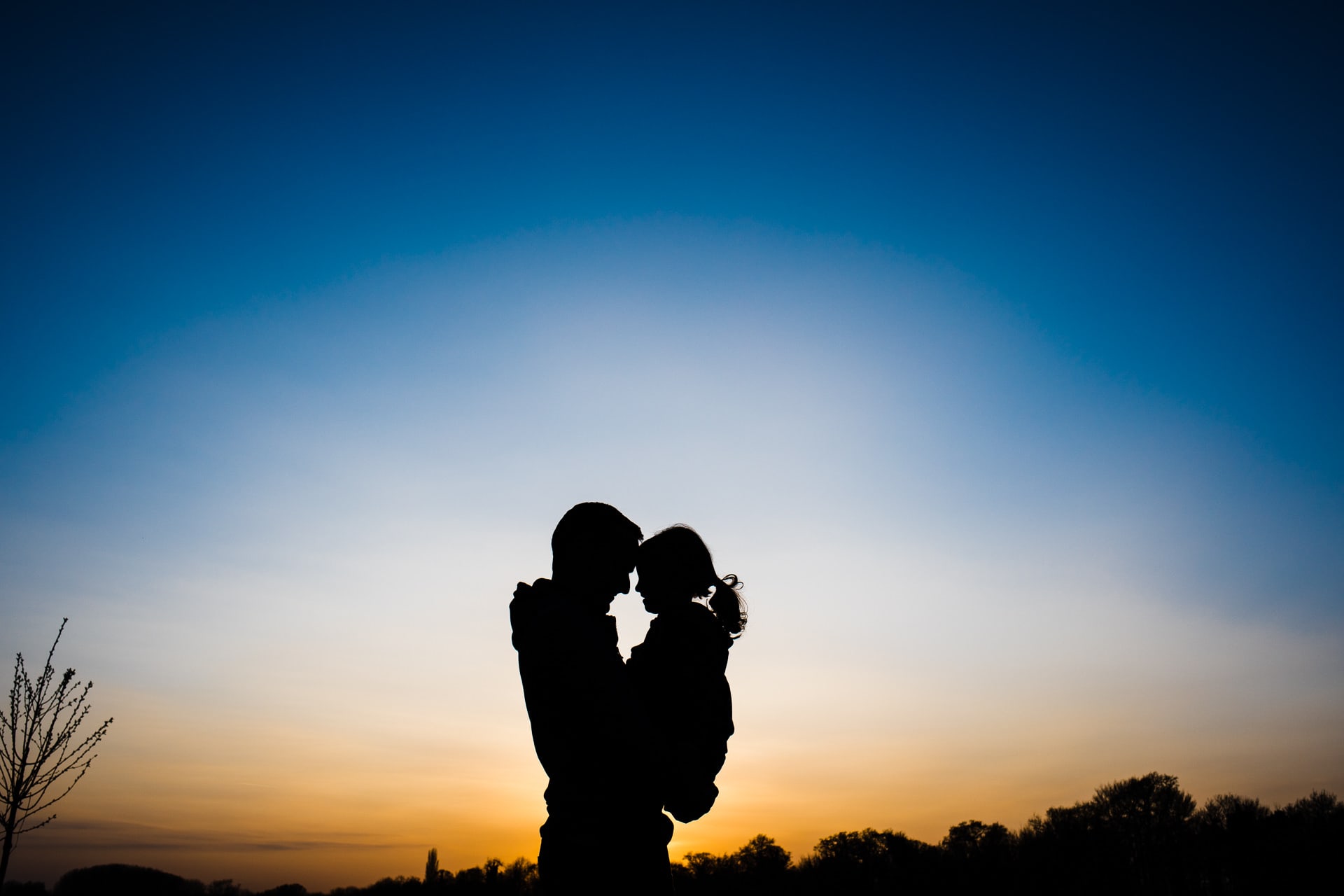 silhouette photo of daddy and daughter at Trumpington Meadows in Cambridge